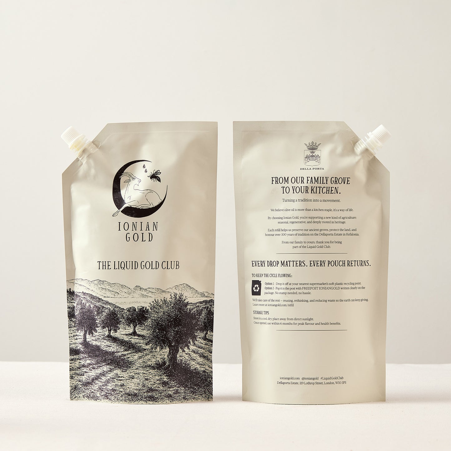 Two 'Ionian Gold' Liquid Gold Club pouches on a white background, our monthly olive oil subscription