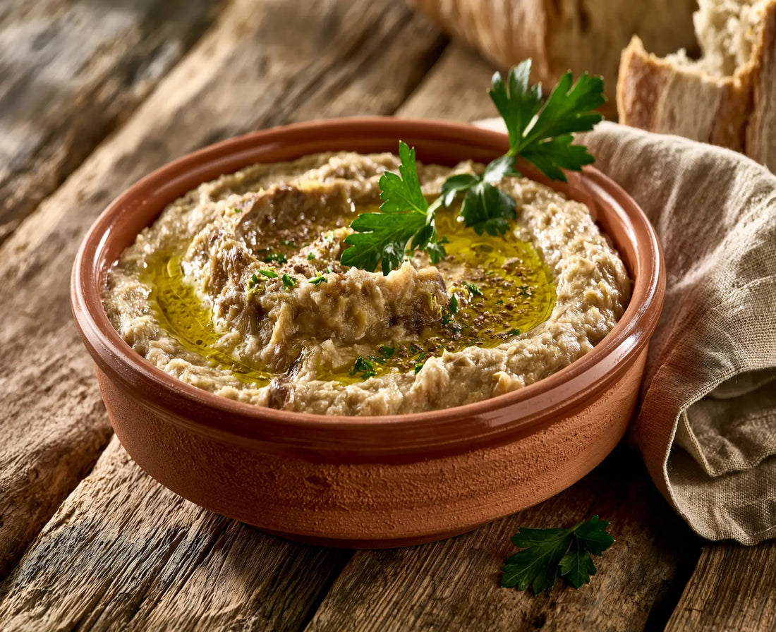A bowl of home-cooked melitzanosalata, smoky roasted aubergine dip, using our recipe
