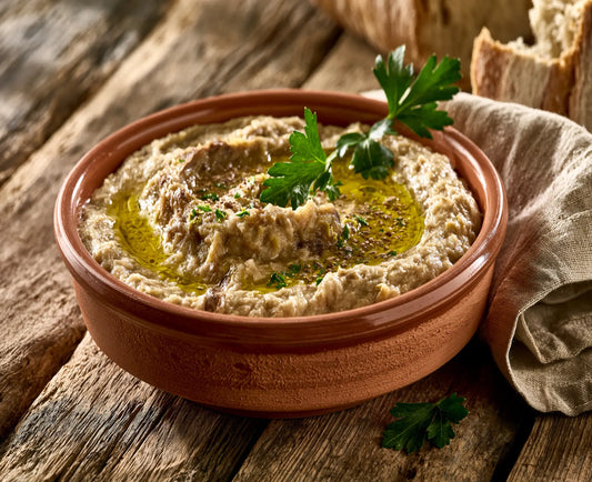 A bowl of home-cooked melitzanosalata, smoky roasted aubergine dip, using our recipe