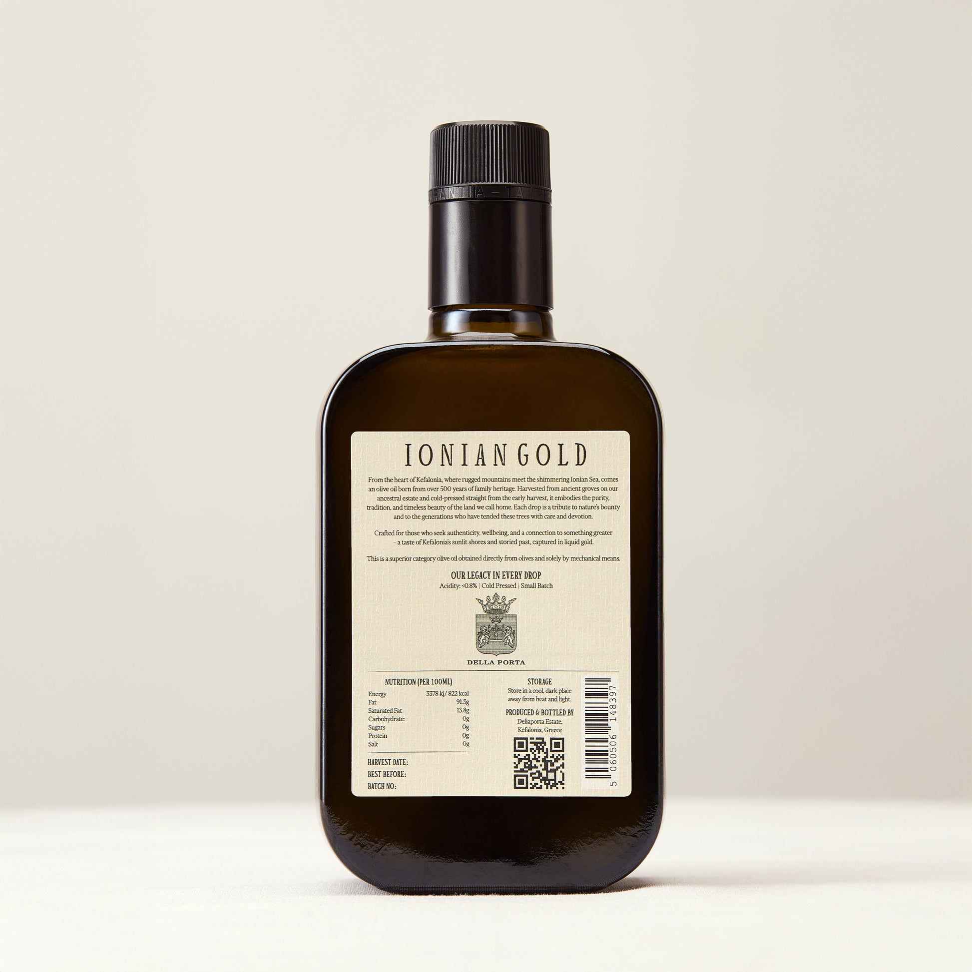 Rear of bottle of 'Ionian Gold' black cap olive oil 