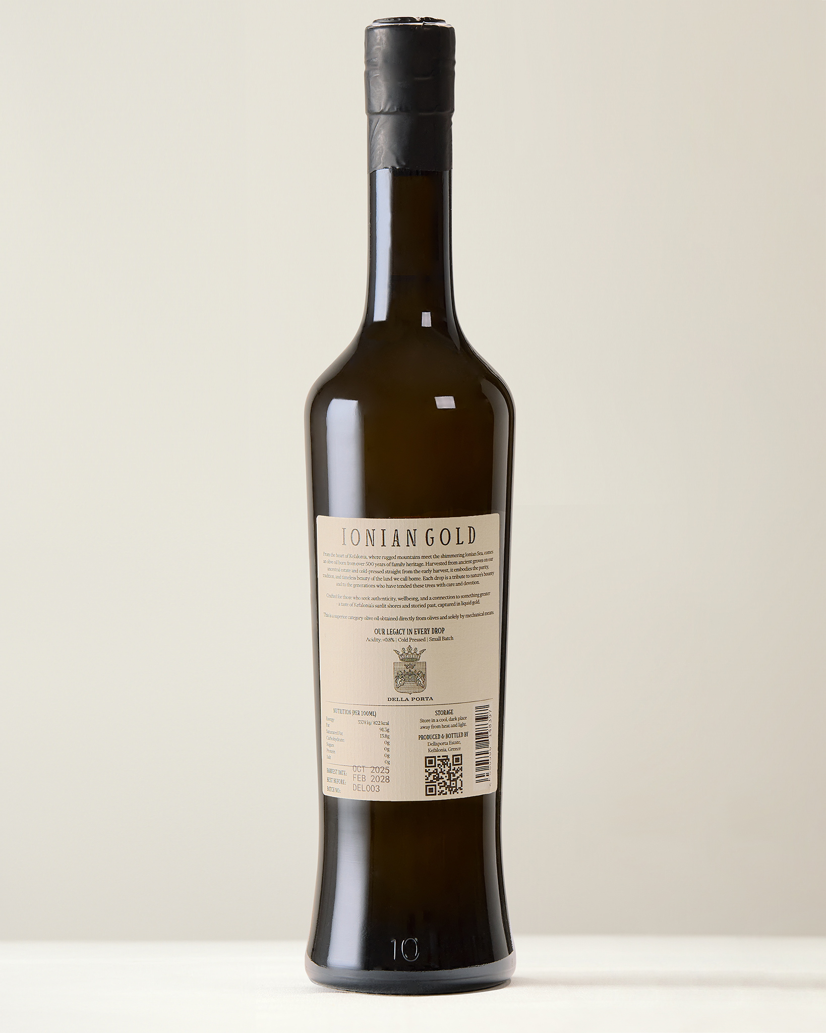 Bottle of Livadi Ionian Gold olive oil, from the rear