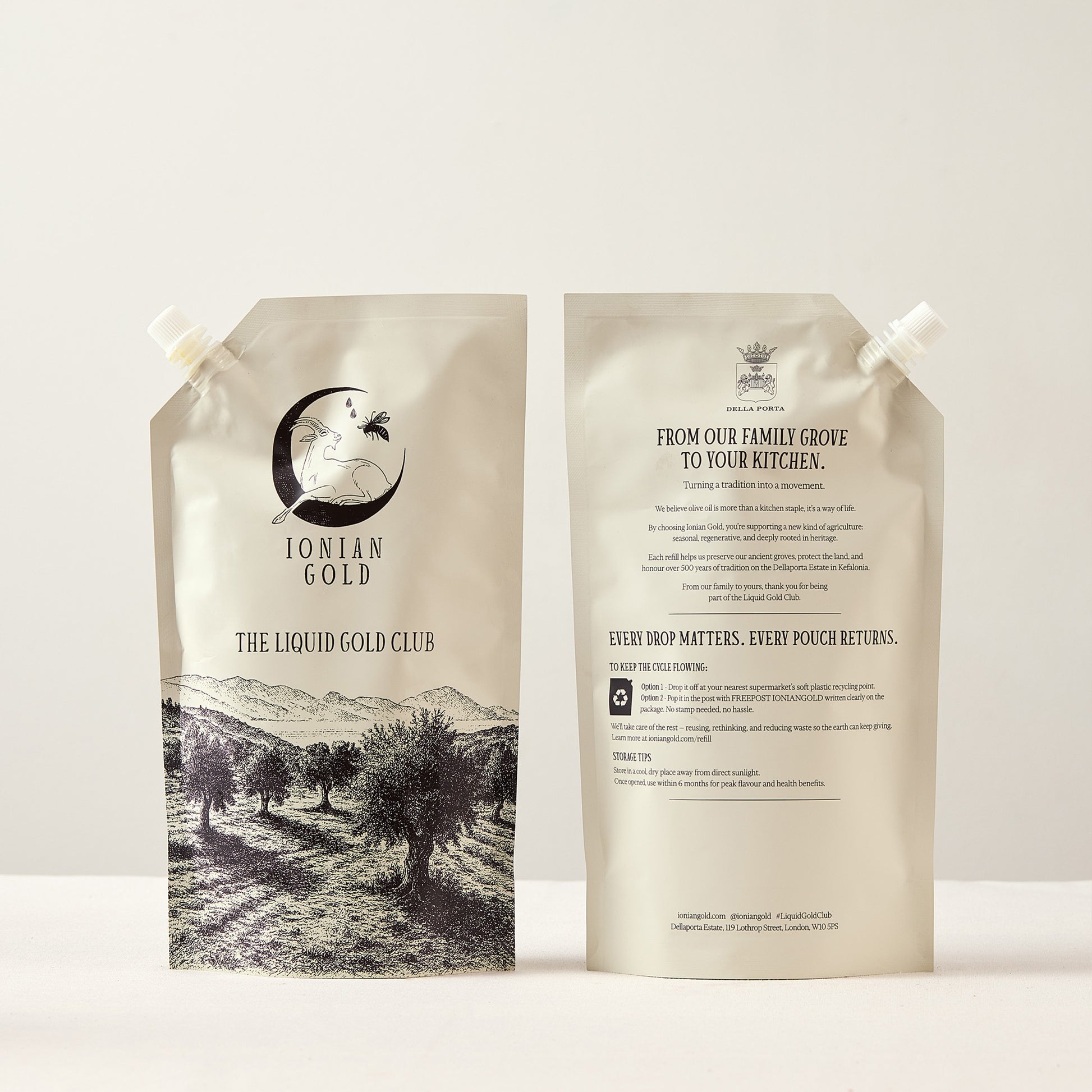 Two 'Ionian Gold' Liquid Gold Club pouches on a white background, our monthly olive oil subscription