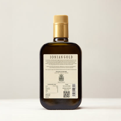Bottle of 'Ionian Gold' on a light background, rear label