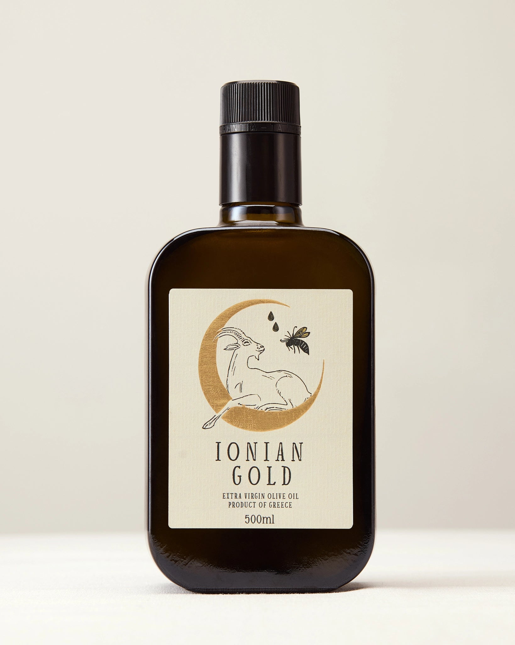 The front of Ionian Gold 'Black Cap' olive oil