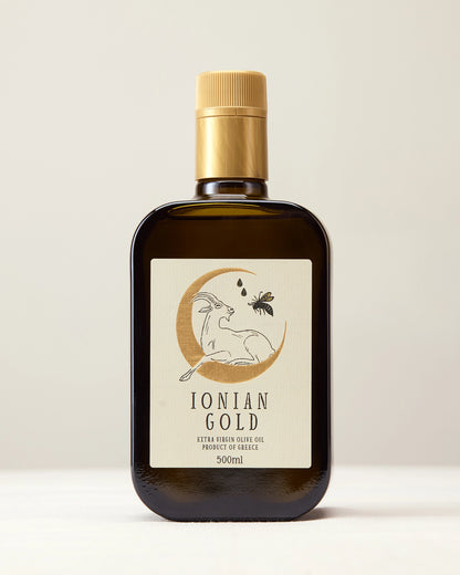 Ionian Gold 'Gold Cap' olive oil product shot from the front.