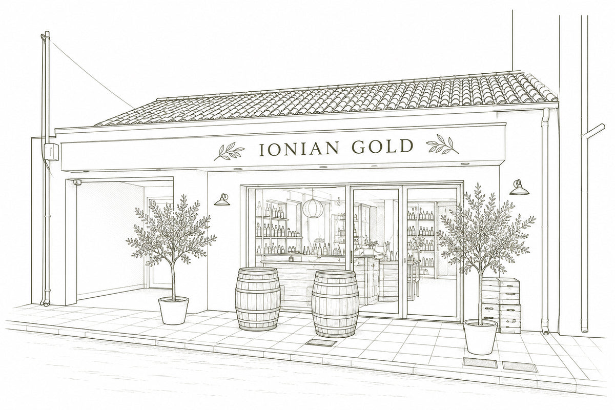 Pencil sketch of Ionian Gold's farm shop and olive oil bar in Lixouri, Kefalonia