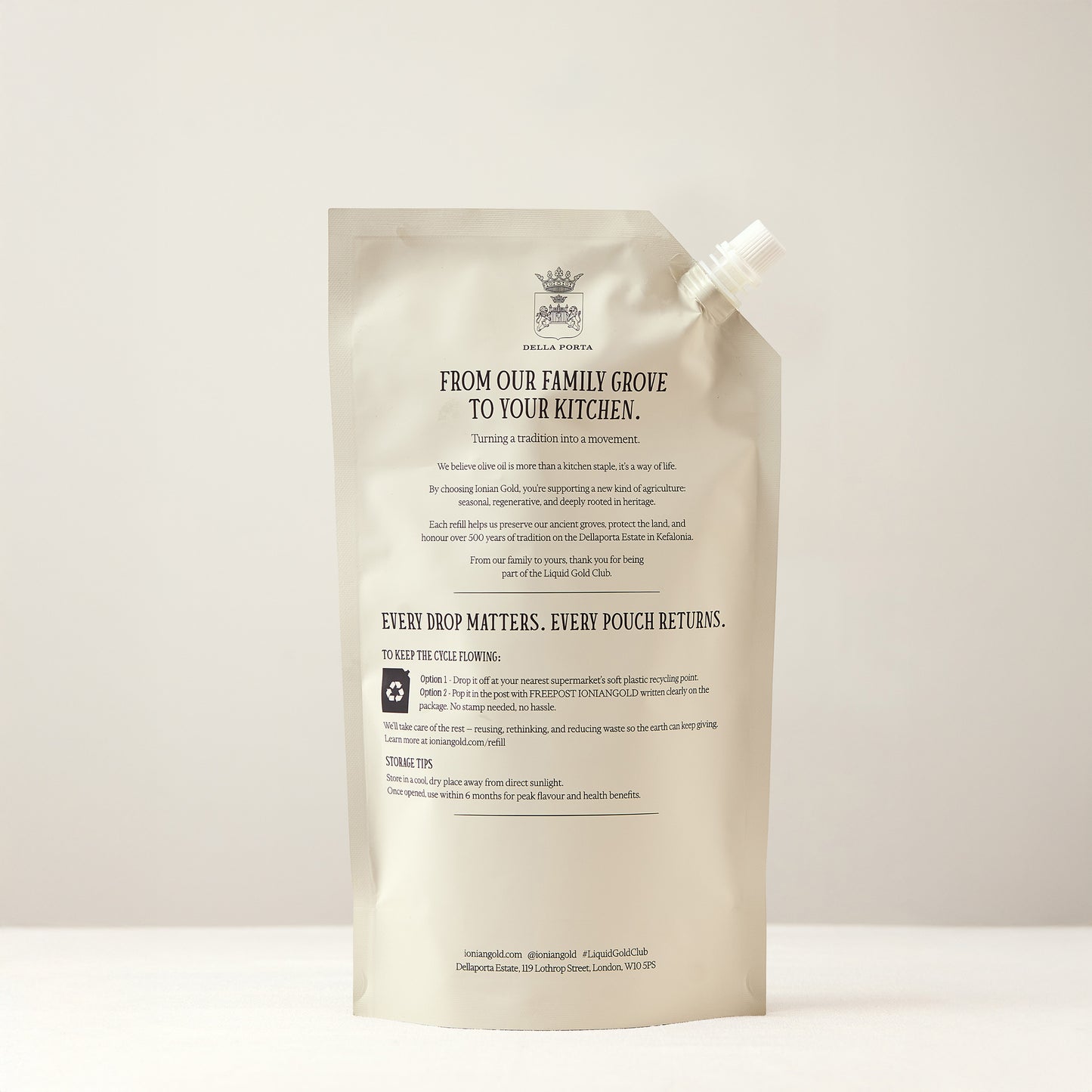 Back of Liquid Gold Club pouch from Ionian Gold, our monthly olive oil subscription