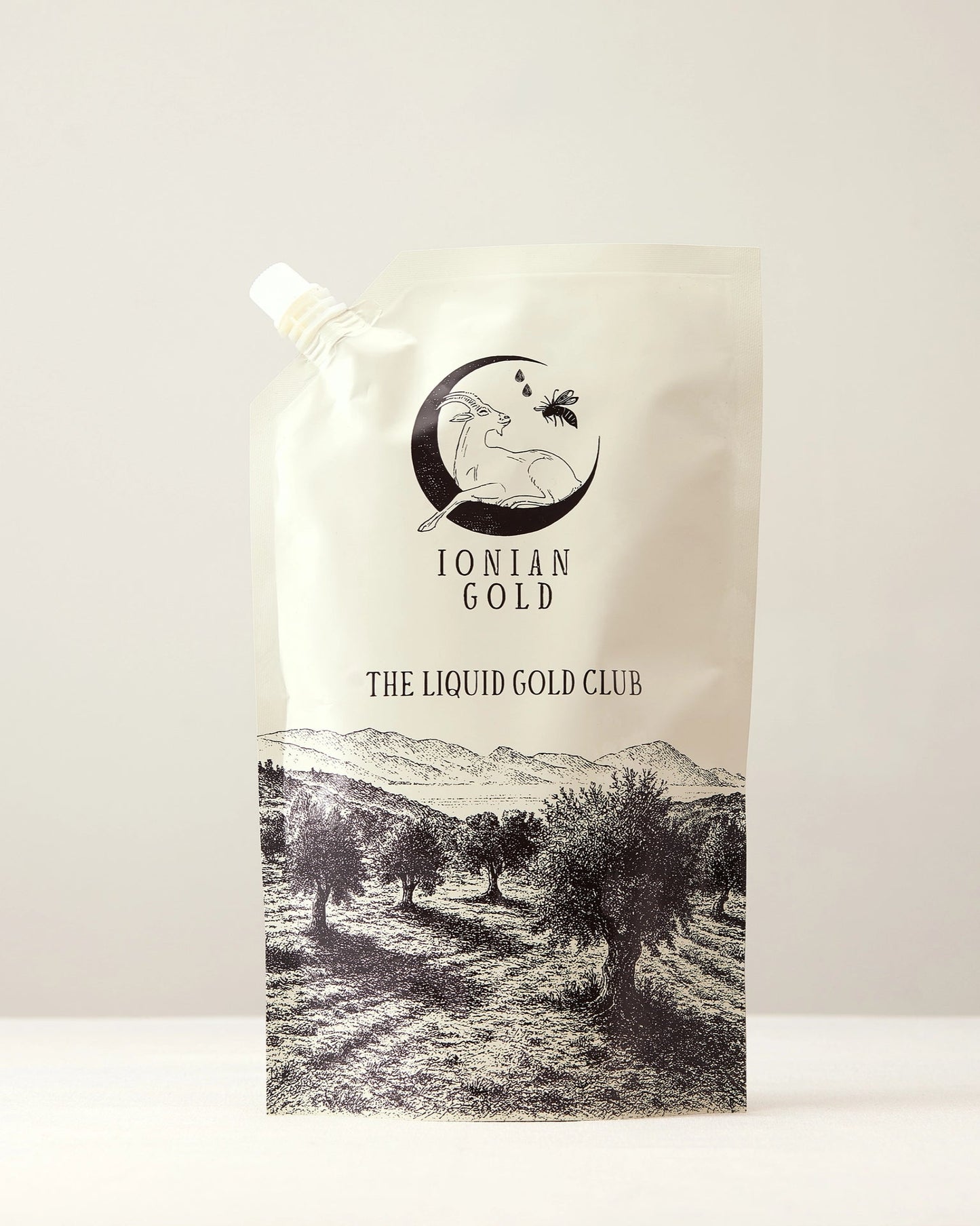 The front of a pouch of Ionian Gold Liquid Gold Club olive oil subscription