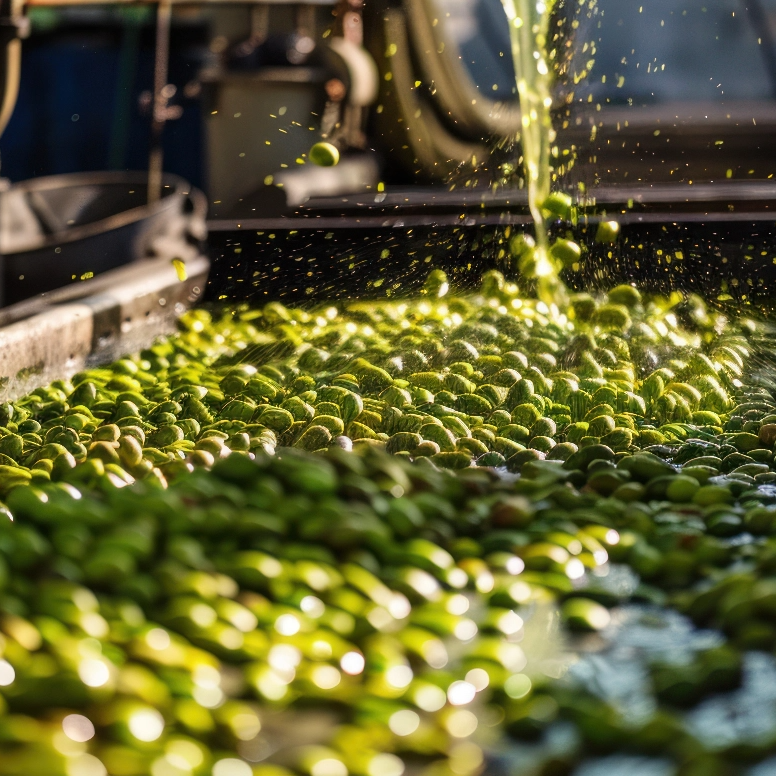 Green olives being poured onto a conveyor belt in a processing plant, used for Ionian Gold olive oil