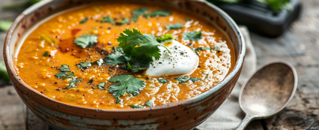 Bowl of soup with garnishes on a wooden surface, finished with Ionian Gold olive oil